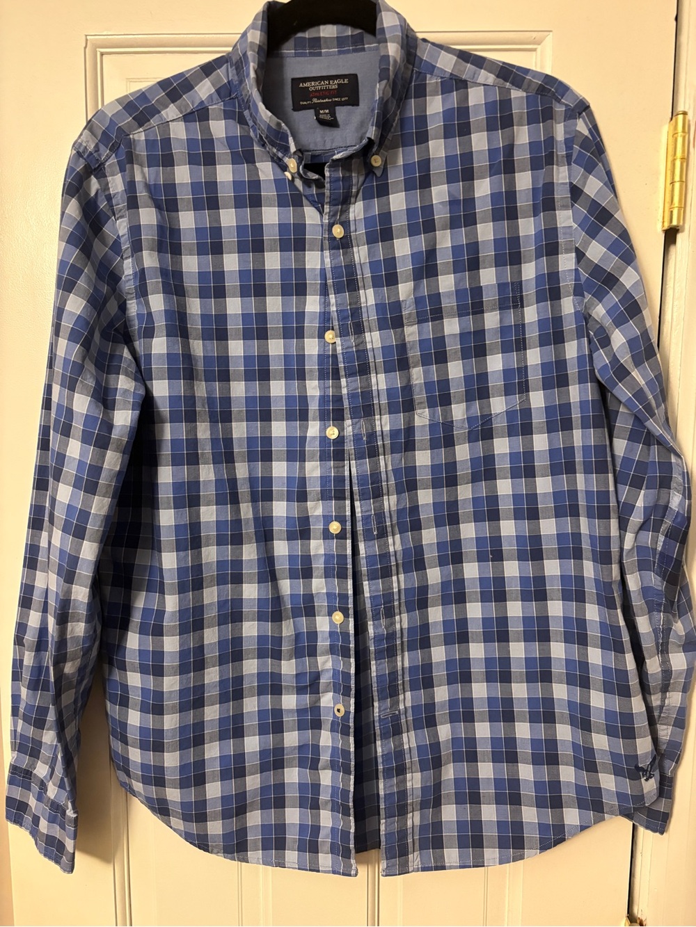 American Eagle Outfitters Blue and Light Blue Plaid Button-Down Shirt